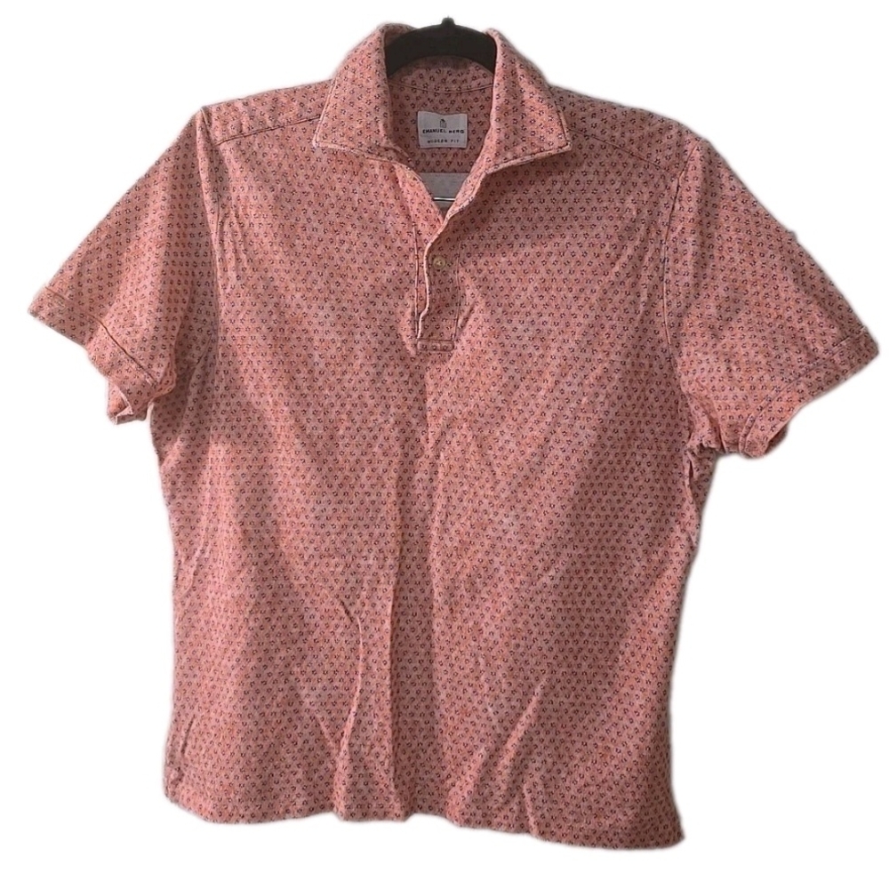 Emanuel Berg Peach Blue Floral Shirt Mens Sz L/XL Polo Short Sleeve‎ Modern Fit